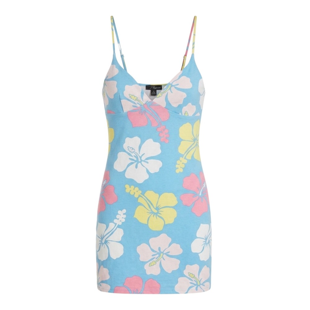 Forever 21 Y2k Hibiscus Tropical Floral Print Bodycon Mini Dress Women Small